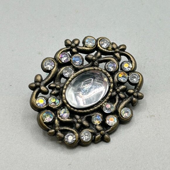 Pretty Rhinestones Pin Brooch Moonglow Acrylic Cabochon Antique Style Jewelry - Picture 5 of 6